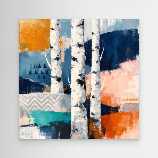 Abstraktes Leinwandbild mit Birkenwald-Motiv, orange-blau-grün und weißen Baumstämmen