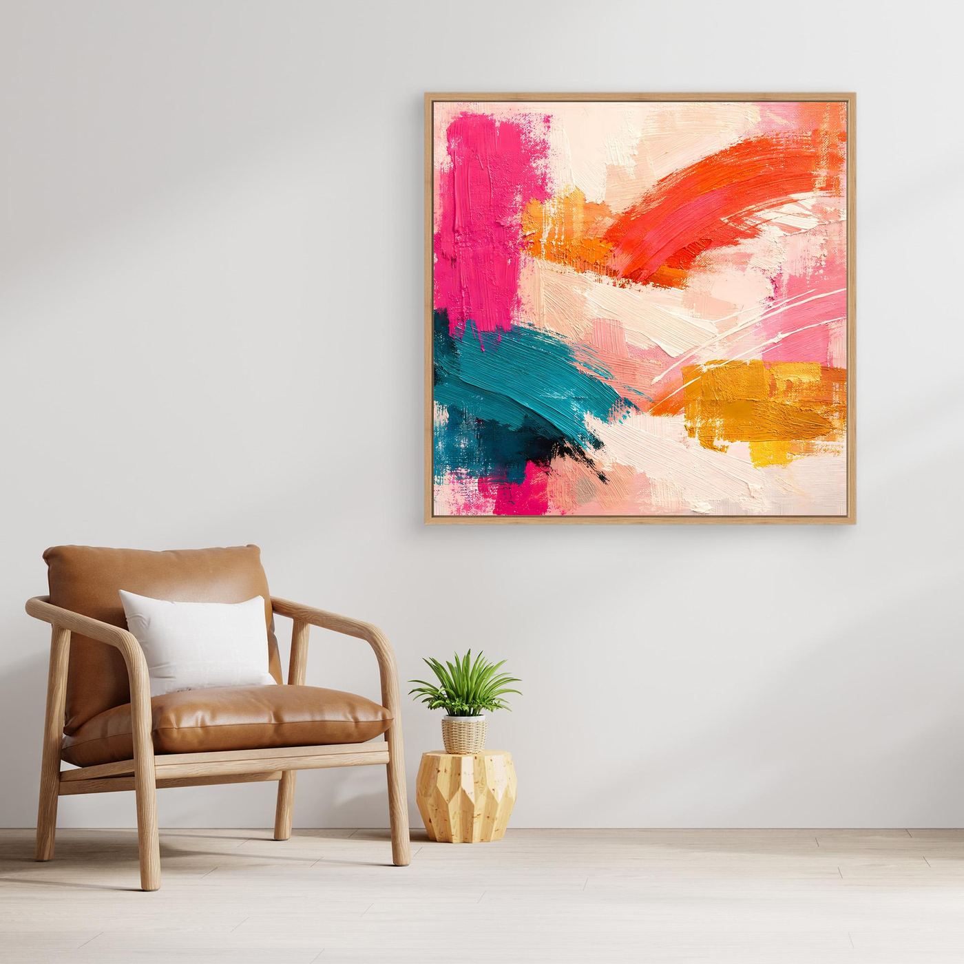 Abstraktes Leinwand-Wandbild im Pastellstil, Pink/Orange/Teal, mit Holzrahmen