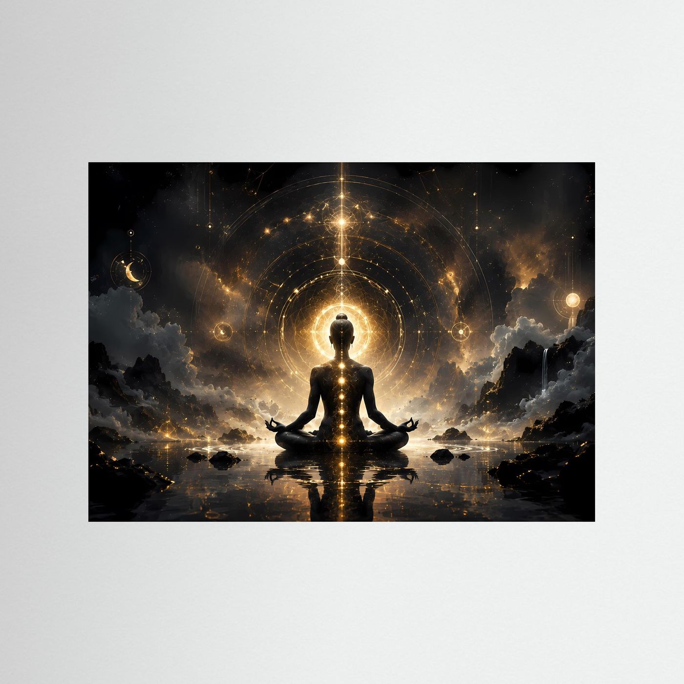 Meditation & Heilige Geometrie in Gold | Spirituelles Zen Wandbild Querformat