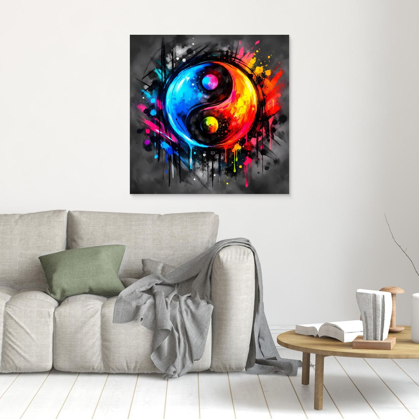 Gerahmtes Leinwandbild mit abstraktem Yin-Yang-Motiv in Blau, Rot, Gelb und Pink