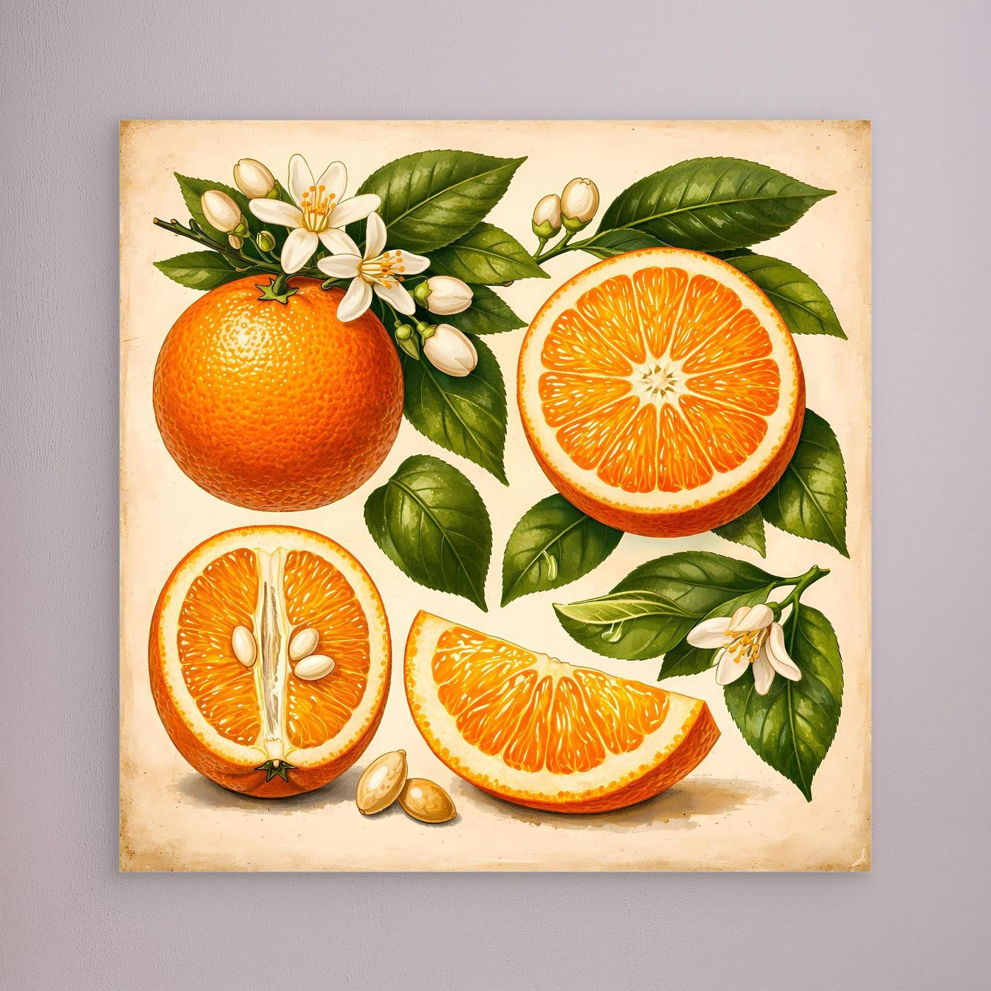 Leinwandbild ohne Rahmen mit Vintage-Orangen, Citrusfrüchten und Blütenblättern