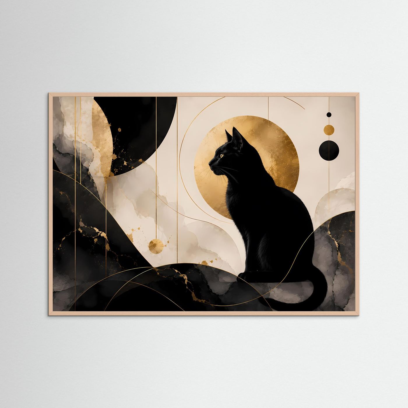 Schwarze Katze in Gold & Marmor | Elegante abstrakte Katzen Wandkunst