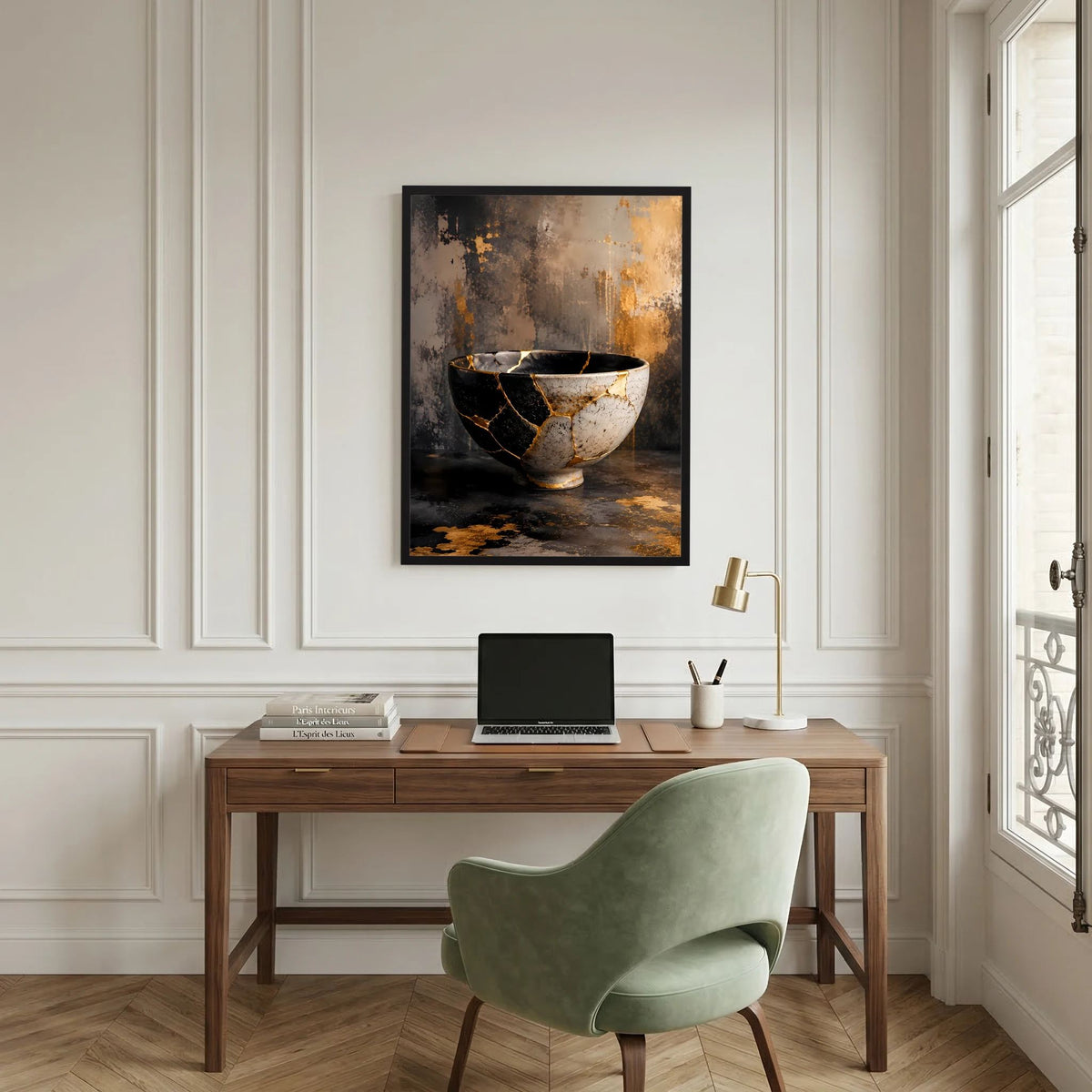 Gerahmtes Poster mit Kintsugi-Schale: weiße Schale mit schwarzen Details und goldenen Rissen