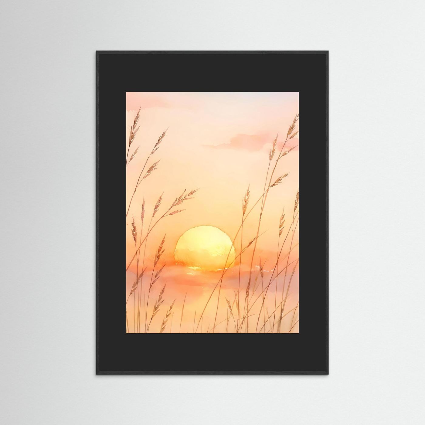 Gerahmtes Poster mit Sonnenuntergang und Gräsern im Aquarellstil, schwarzer Rahmen