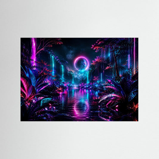 Neon-Landschaftsposter mit leuchtendem Wasserfall, pink-blauem Glow und Spiegelung im Wasser