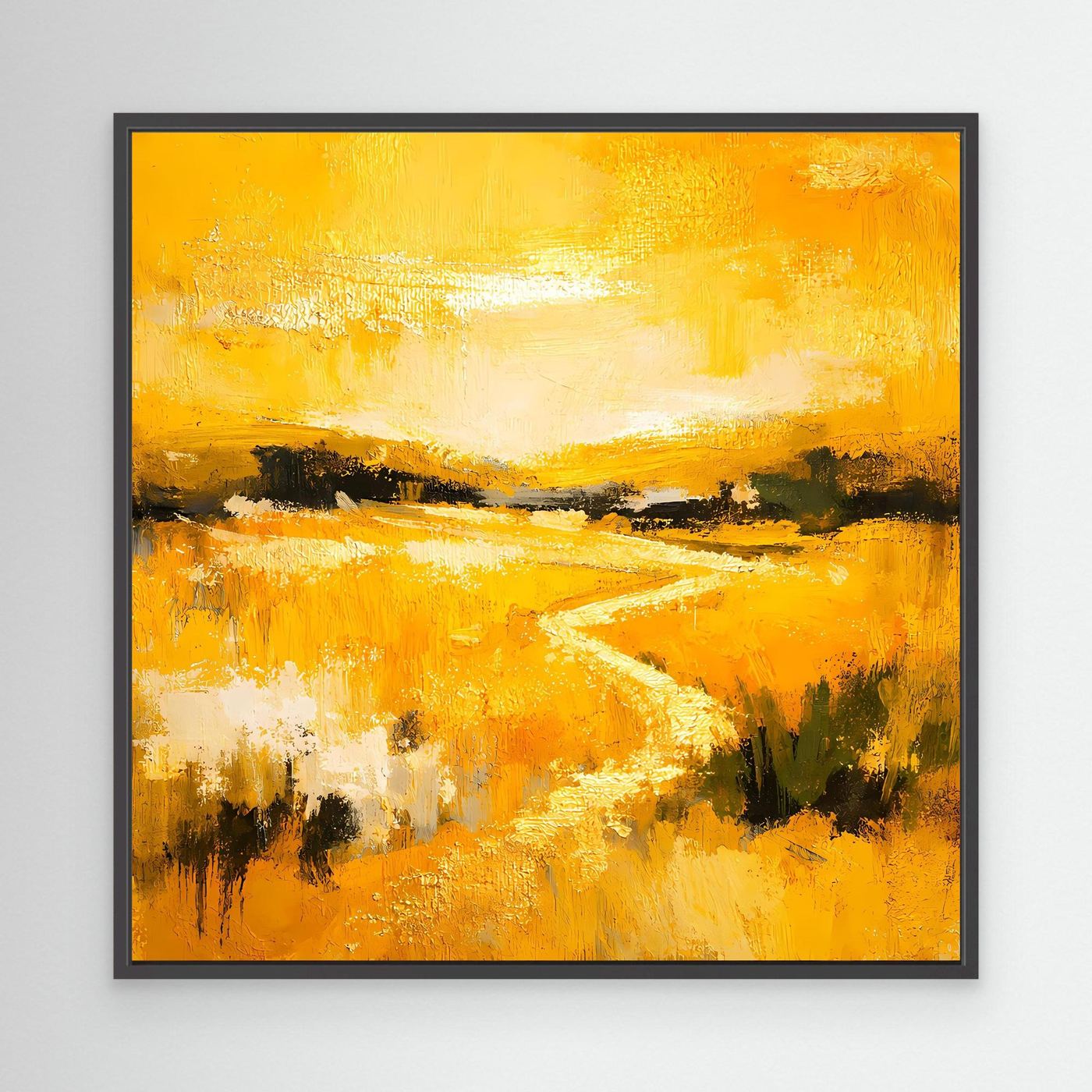Leinwand Abstraktes Landschaftsgemälde in Gelb und Gold | Modernes Natur Wandbild mit Fluss