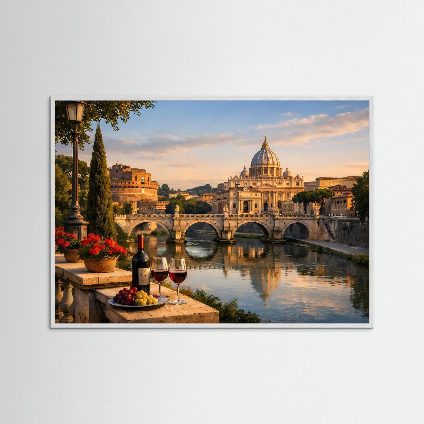 Poster im Querformat mit Petersdom am Tiber, Brücke und Weingläsern