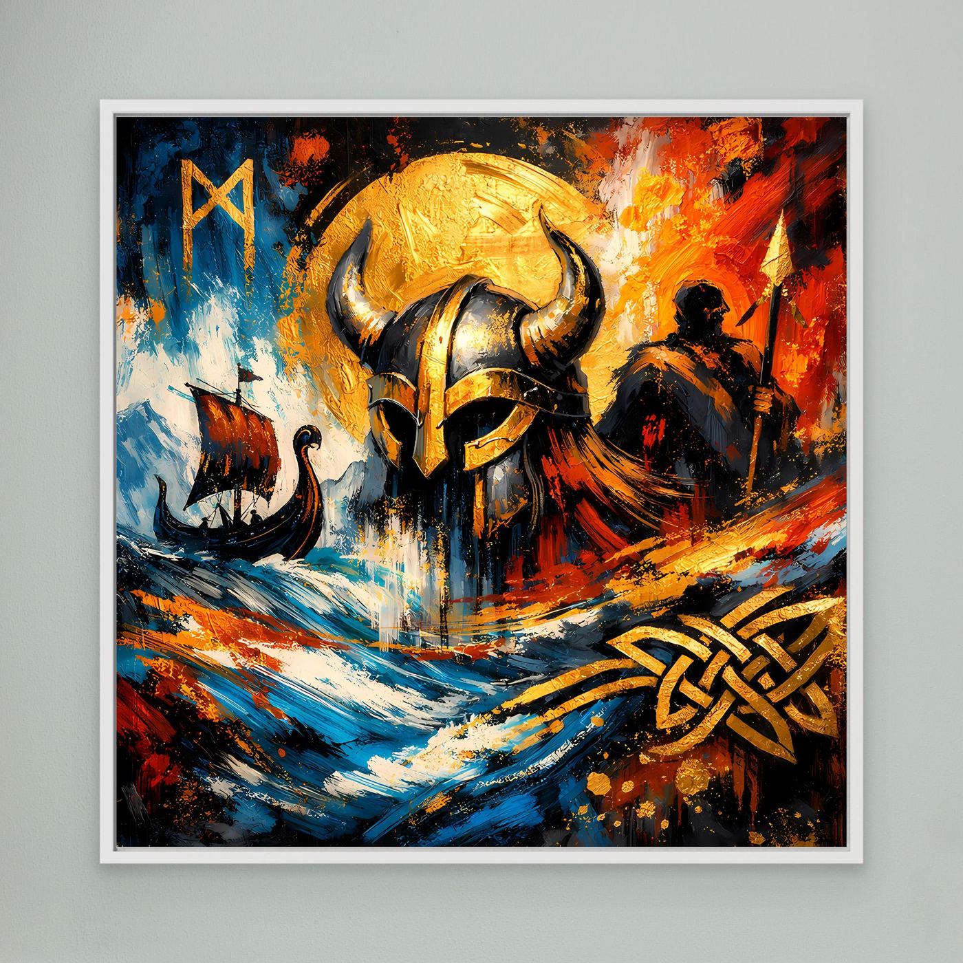 Leinwandbild mit Wikingerhelm-Motiv und abstraktem Mythologie-Malstil, weiß gerahmt