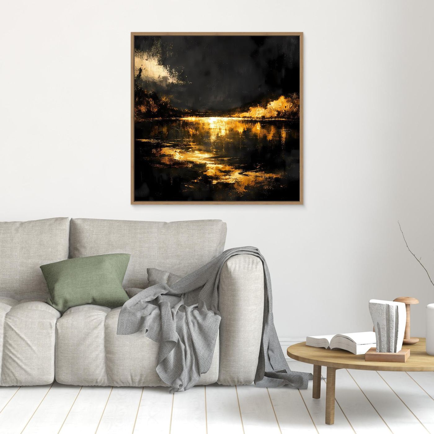 Leinwand Goldene Flusslandschaft bei Nacht | Abstraktes Natur Wandbild Moderne Kunst