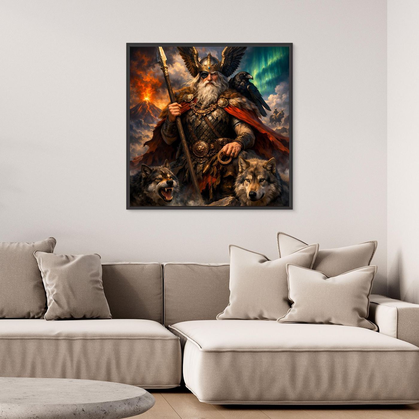 Leinwand Göttervater Odin mit Wölfen und Rabe | Mythologisches Wikinger Wandbild