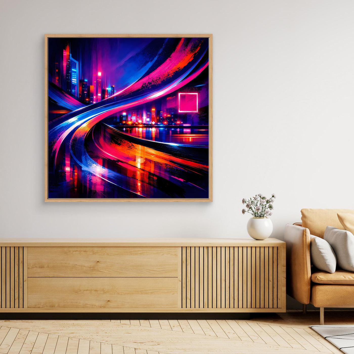 Leinwandbild Cyberpunk Skyline mit Neon-Lichtspuren, rechteckig, heller Holzrahmen