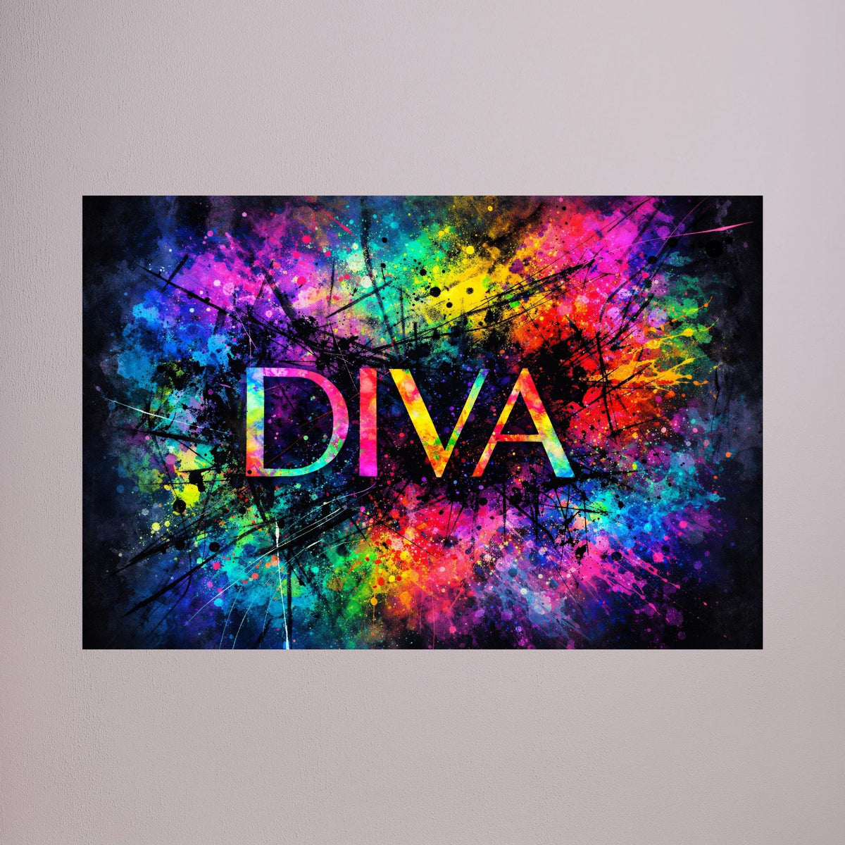 Wandbild „DIVA“ mit abstraktem Farbverlauf und Spritzern, ohne Rahmen, quer