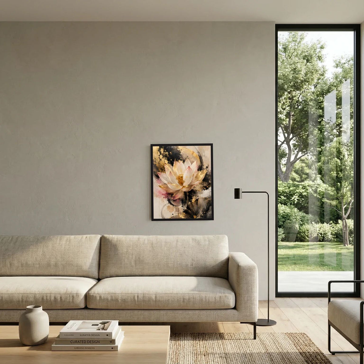 Lotusblumen-Poster im schwarzen Rahmen: cremefarbene Lotusblüte mit goldenen Kreisen und schwarzen Flecken