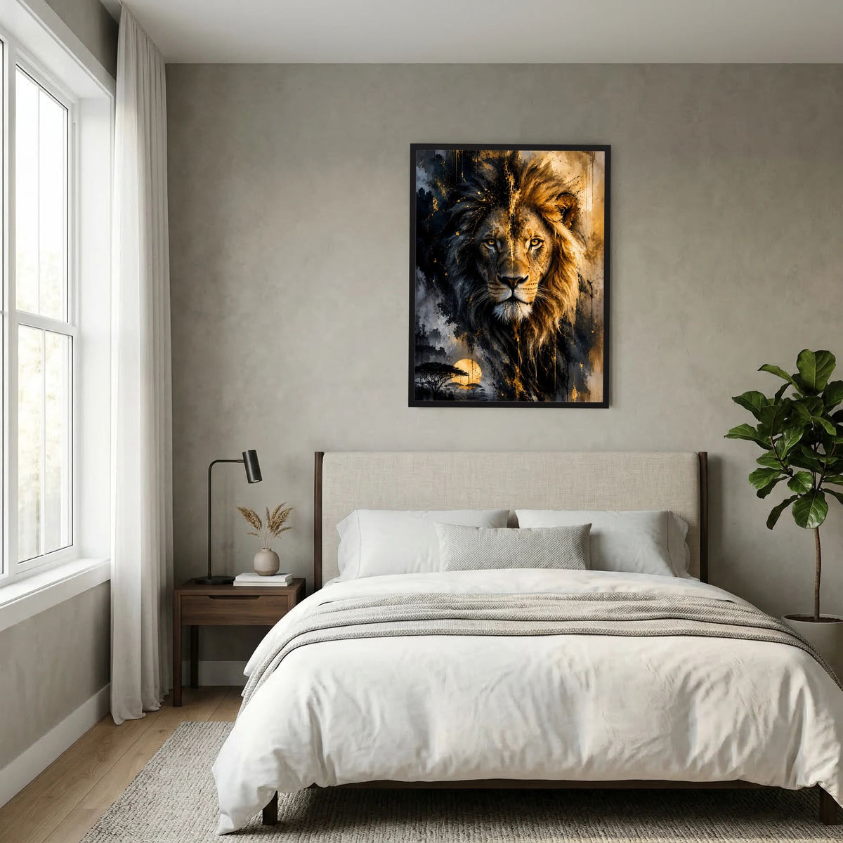 Gerahmtes Löwenposter mit gold leuchtender Mähne und dunklem, wolkigem Farbverlauf
