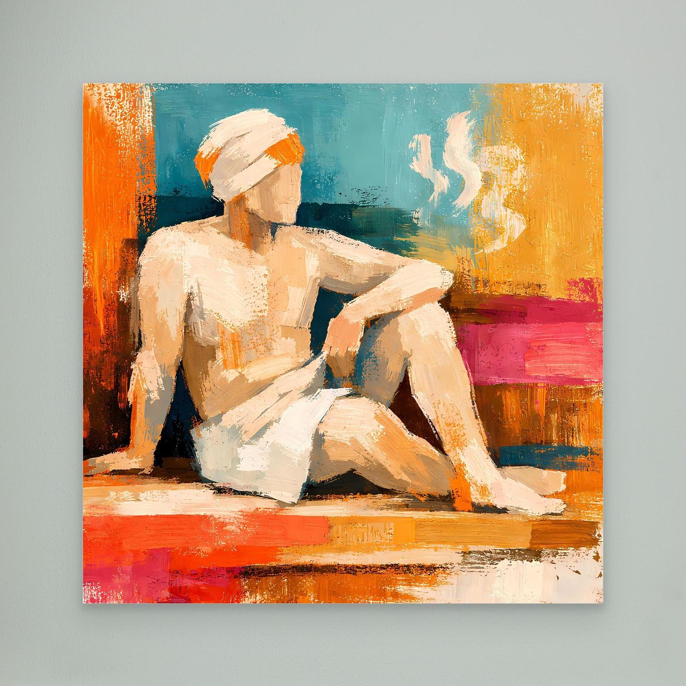 Abstract canvas wall art showing a seated woman with white headscarf and raised arm