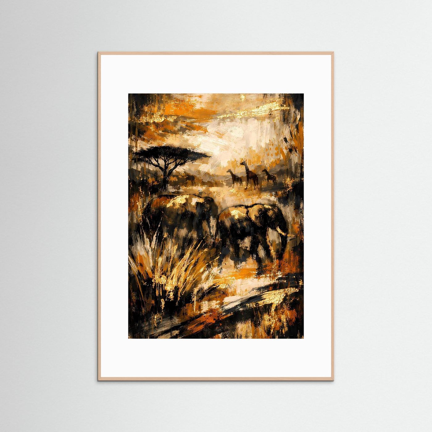Elefanten-Kunstposter mit abstraktem Savannenmotiv, Ocker & Tiefschwarz, beiger Rahmen