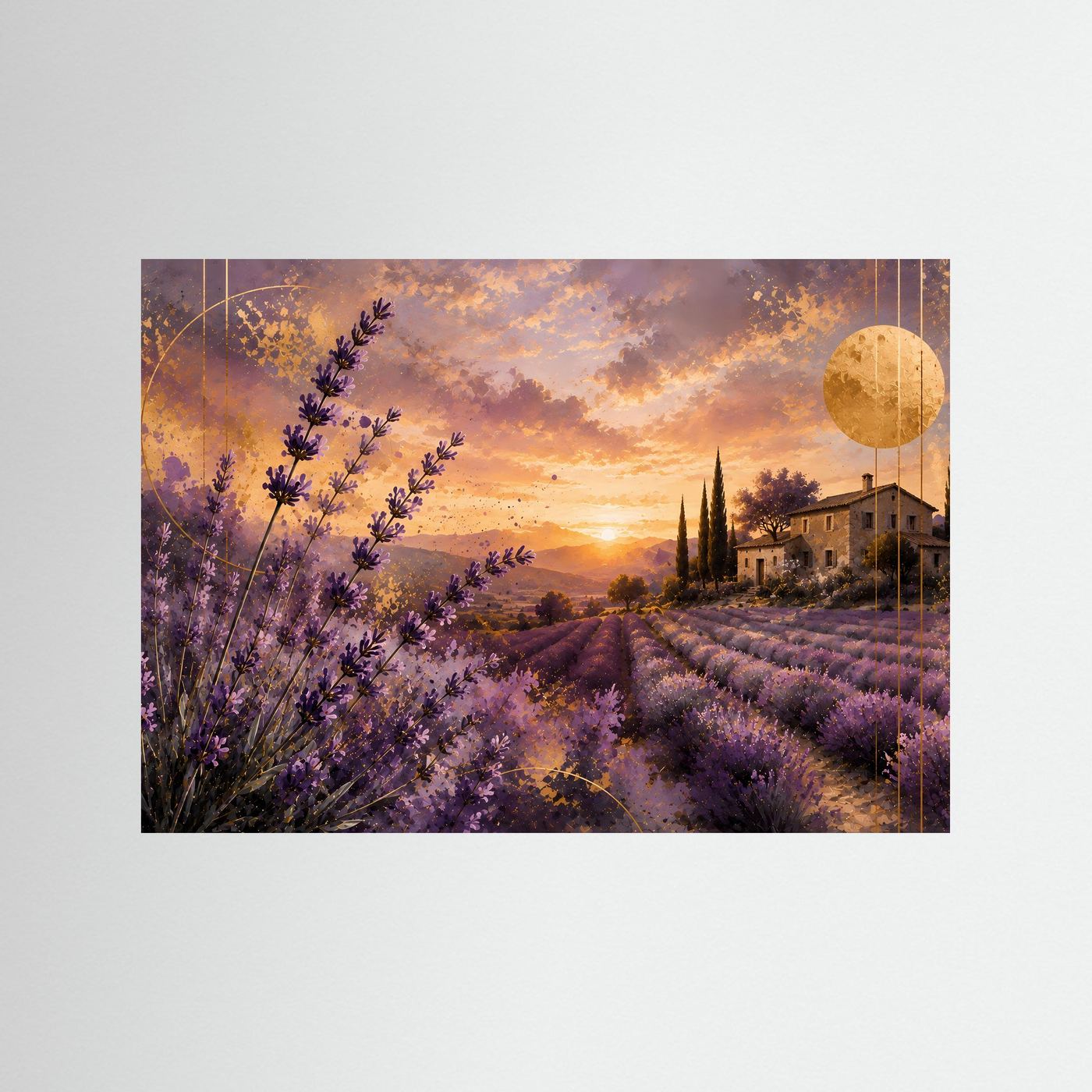 Querformat-Poster mit Lavendelfeld im Sonnenuntergang, Landhaus und goldenem Kreis