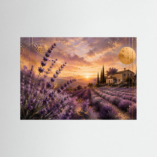 Querformat-Poster mit Lavendelfeld im Sonnenuntergang, Landhaus und goldenem Kreis