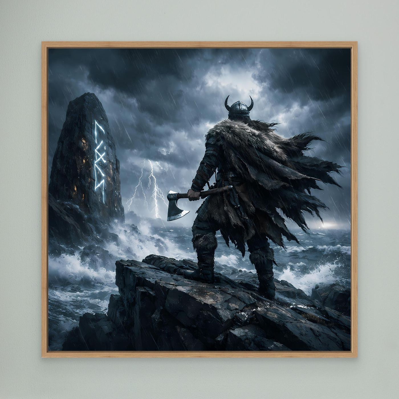 Leinwand Mystischer Wikinger am Runenstein | Abstraktes Nordisches Gewitter Wandbild