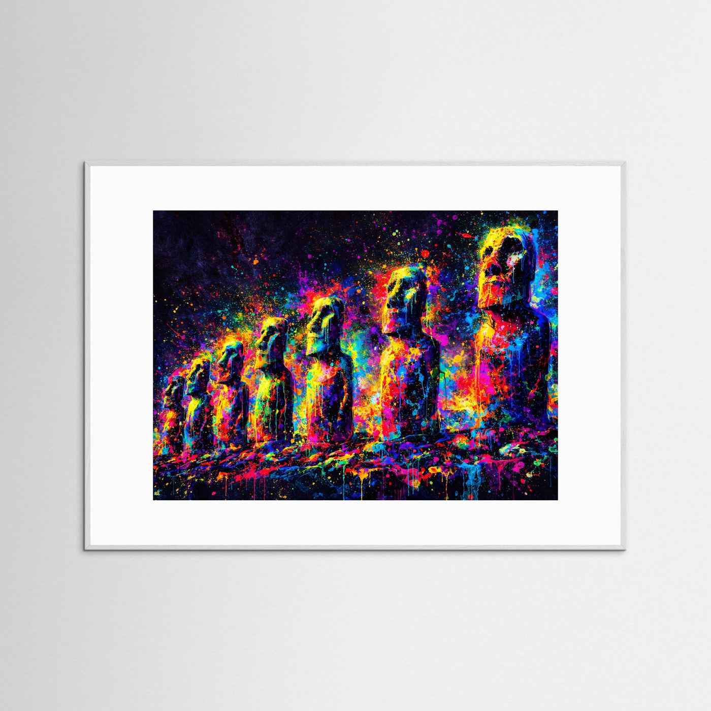 Moai Statuen im Farbrausch | Modernes Osterinsel Pop Art Poster Querformat