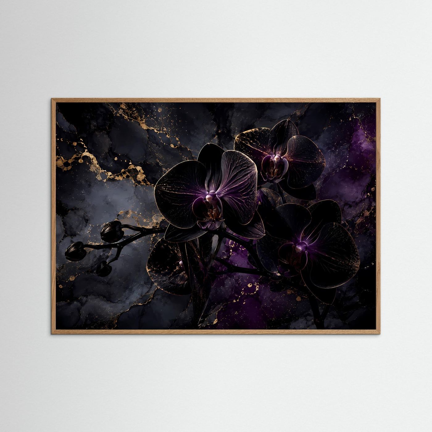 Schwarze Orchideen in Gold & Violett | Luxuriöses Florales Wandbild Querformat