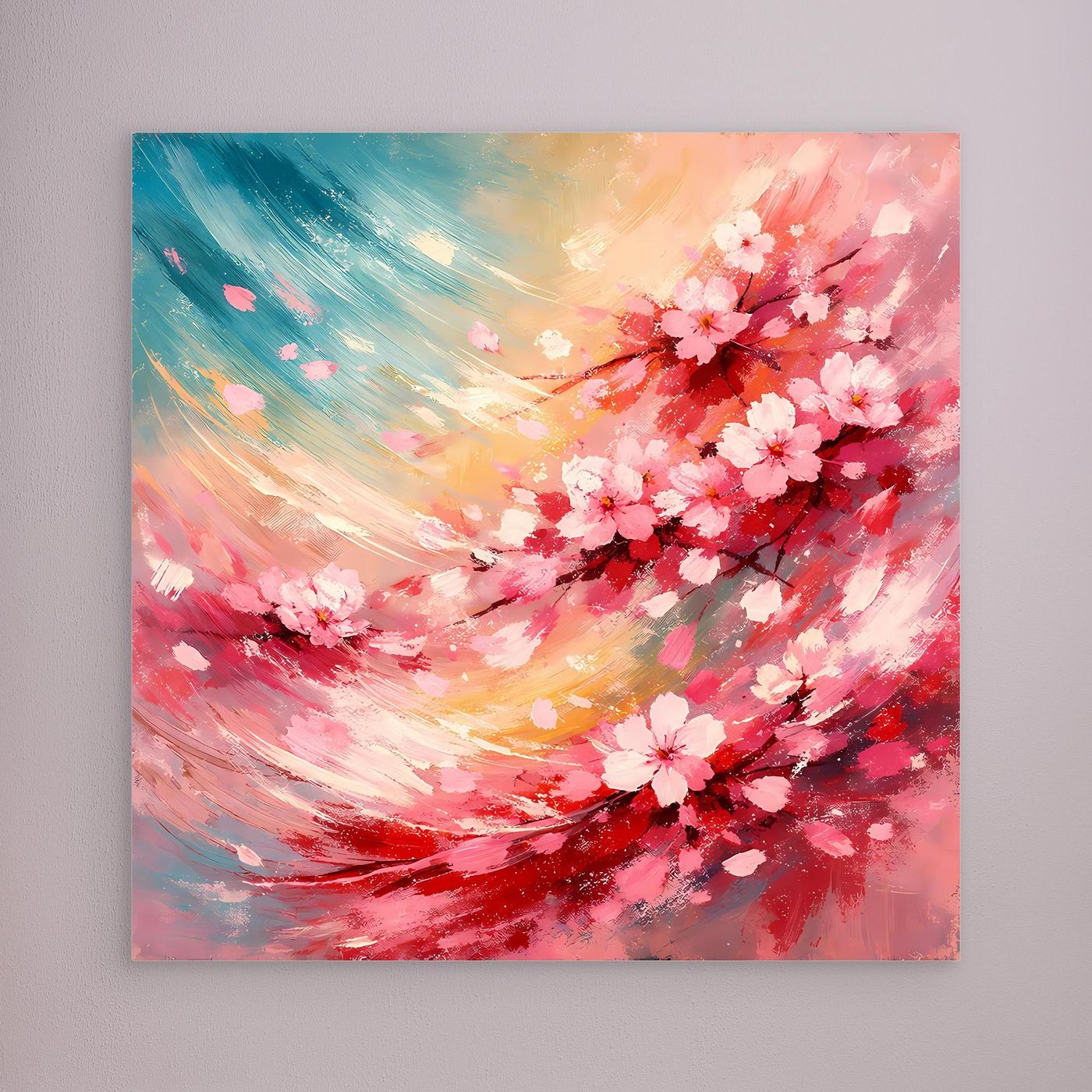 Leinwandbild mit abstrakten Kirschblüten in Pink, Gelb und Blau, ohne Rahmen