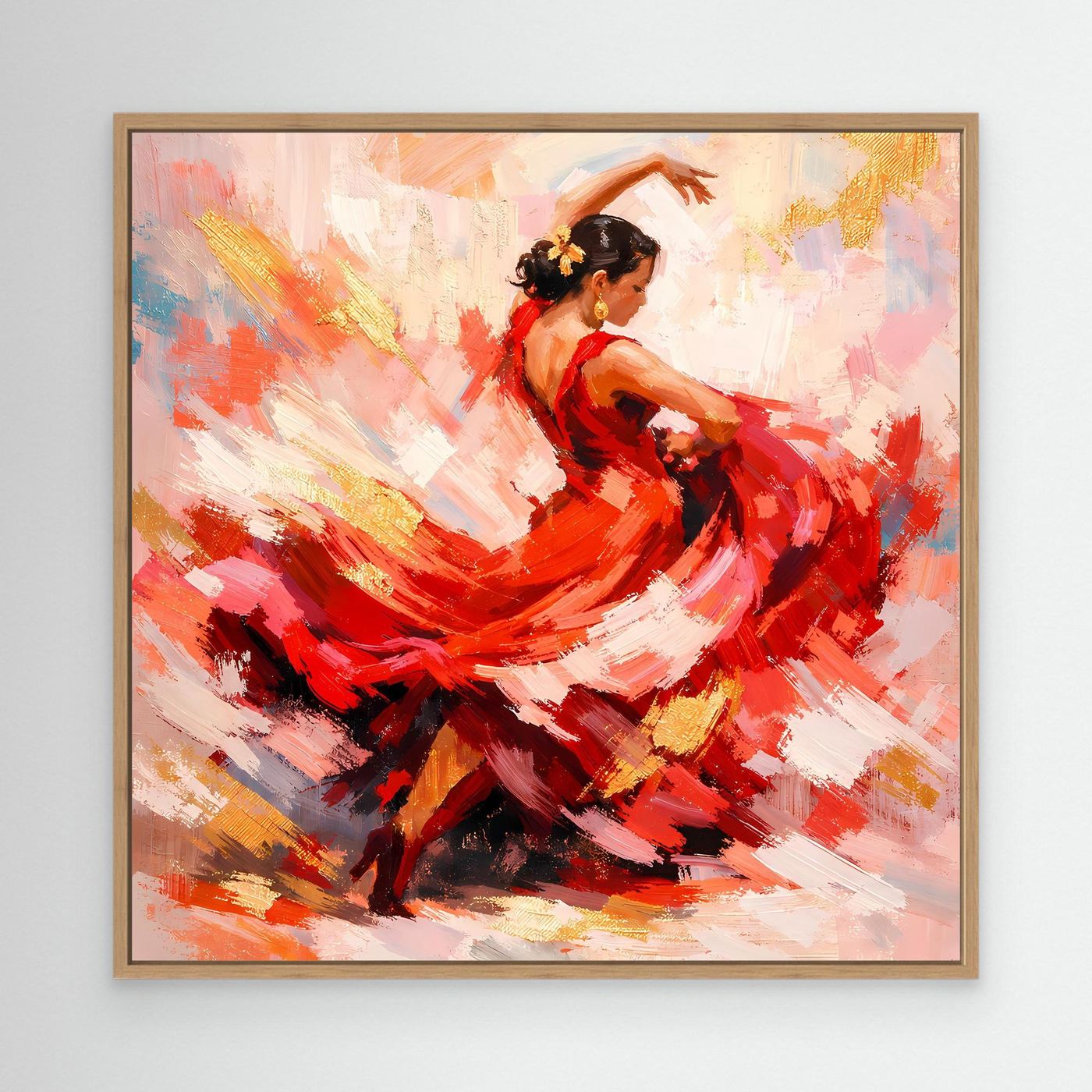 Leinwandbild mit abstrakter Flamenco-Tänzerin im roten Kleid, im Holzrahmen