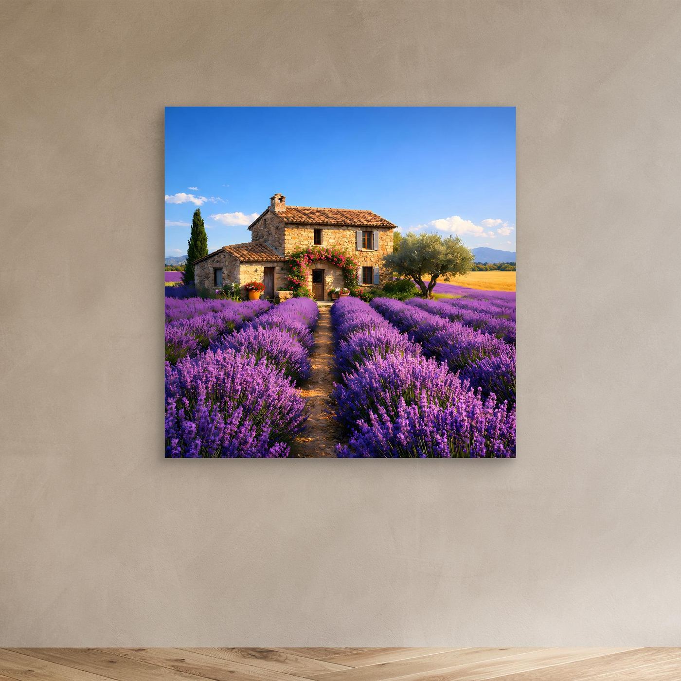 Leinwandbild mit Lavendelfeld und Landhaus, klein an der Wand