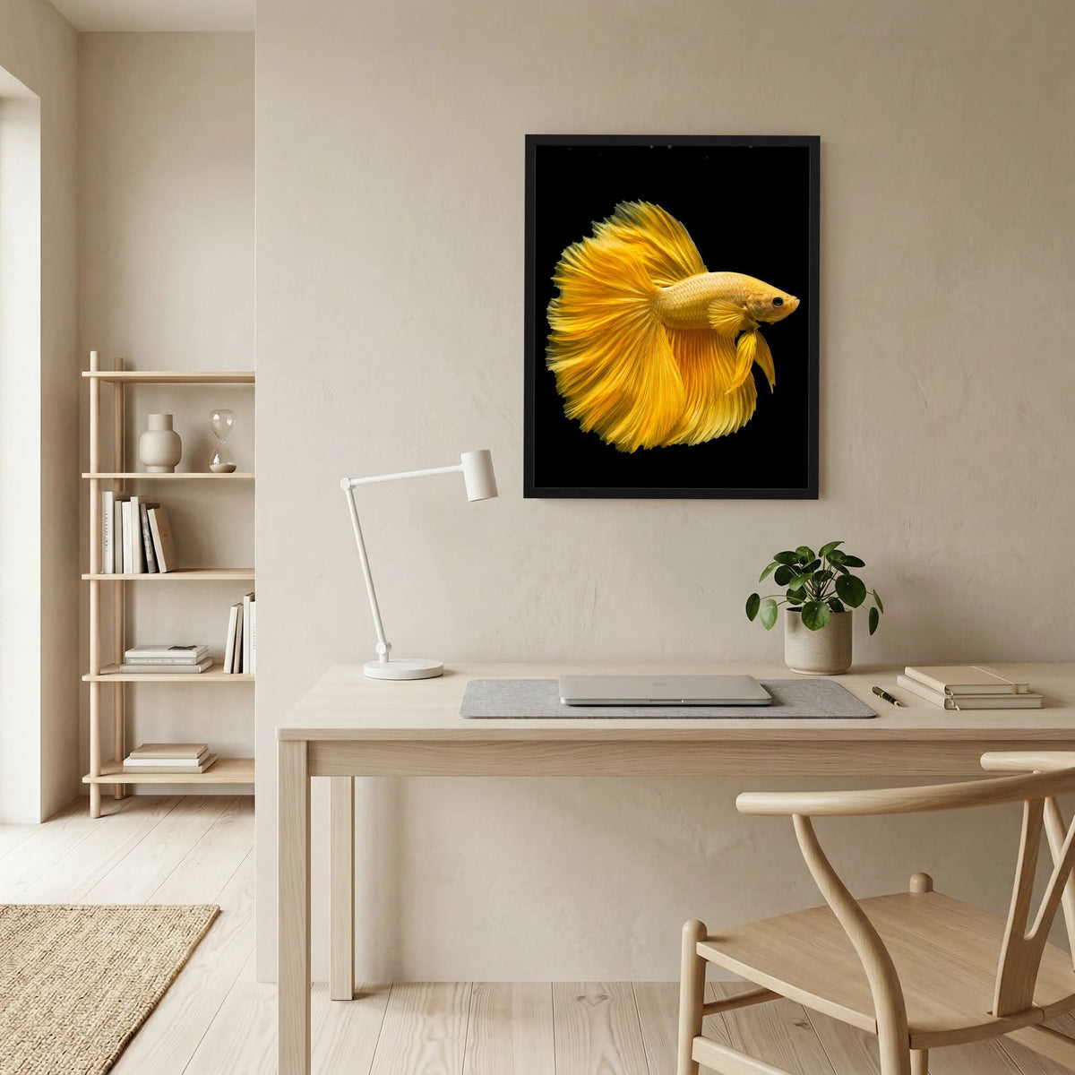 Gerahmtes Kunstposter mit goldgelbem Kampffisch an der Wand über Schreibtisch