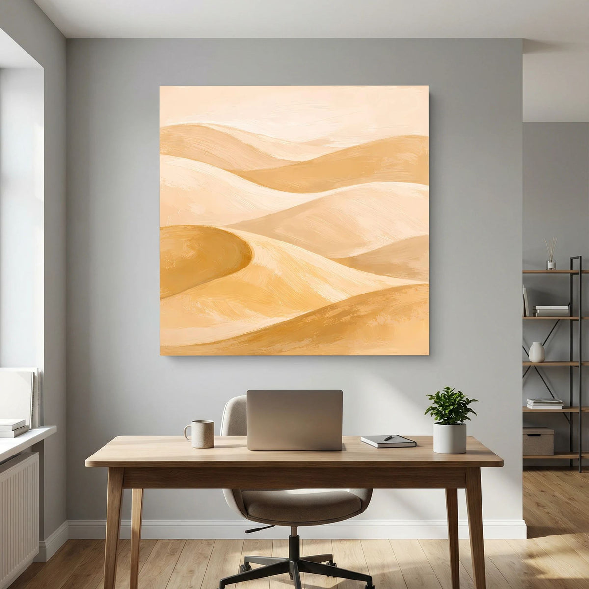 Quadratisches Leinwand-Wandbild mit abstrakten, geschwungenen Dünen in Beige und Gold