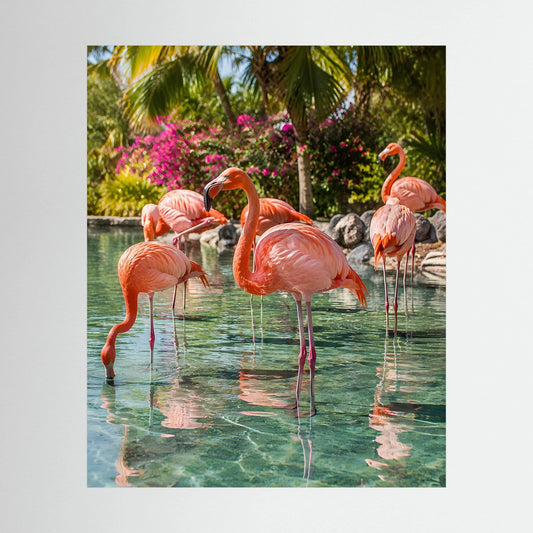Hochformat-Poster mit rosa Flamingos im tropischen Wasser und grünen Palmen