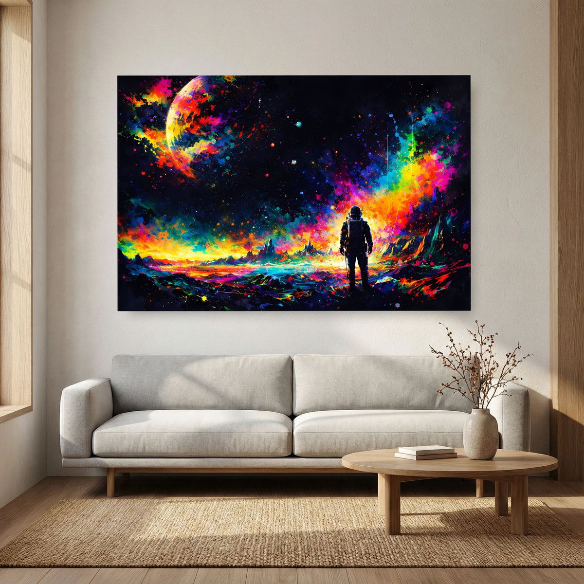 Querformatiges Poster: Astronaut vor buntem Farbnebel im Weltraum