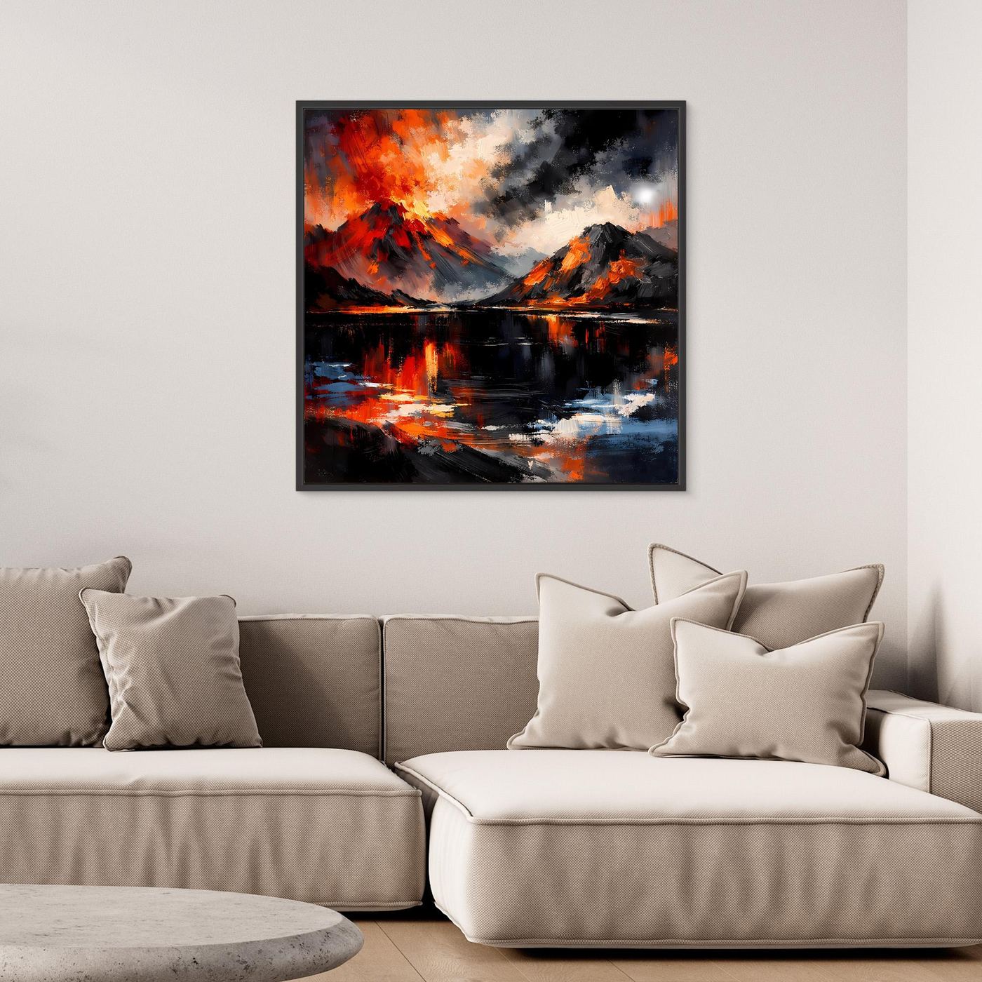 Abstraktes Lava-Wandbild mit See und Bergen, schwarzer Rahmen