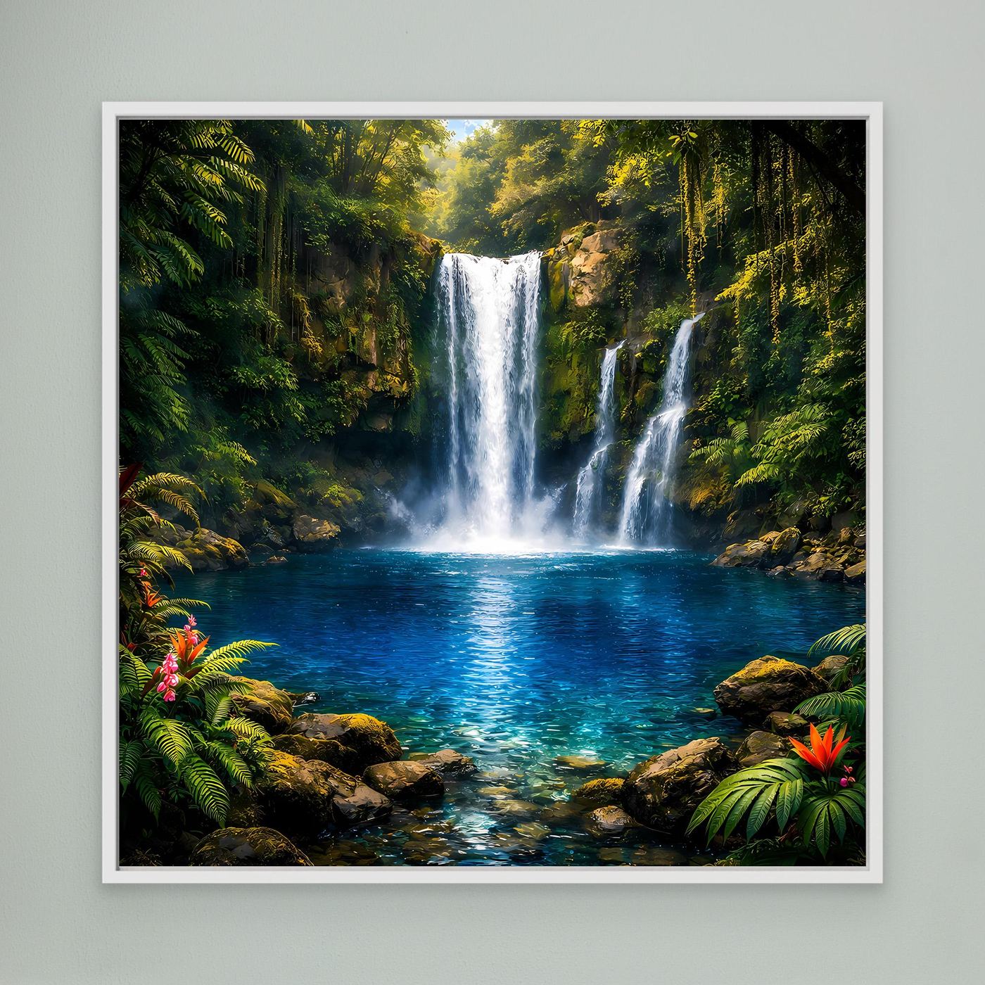 Leinwandbild tropischer Wasserfall mit weißem Rahmen