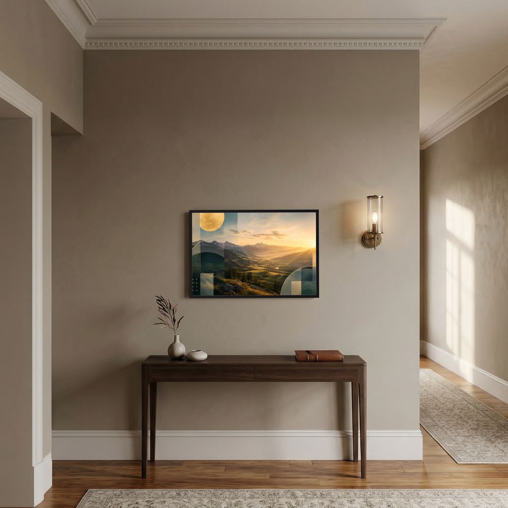 Gerahmtes Panorama-Poster mit abstrakter Berglandschaft in Gold und Petrol