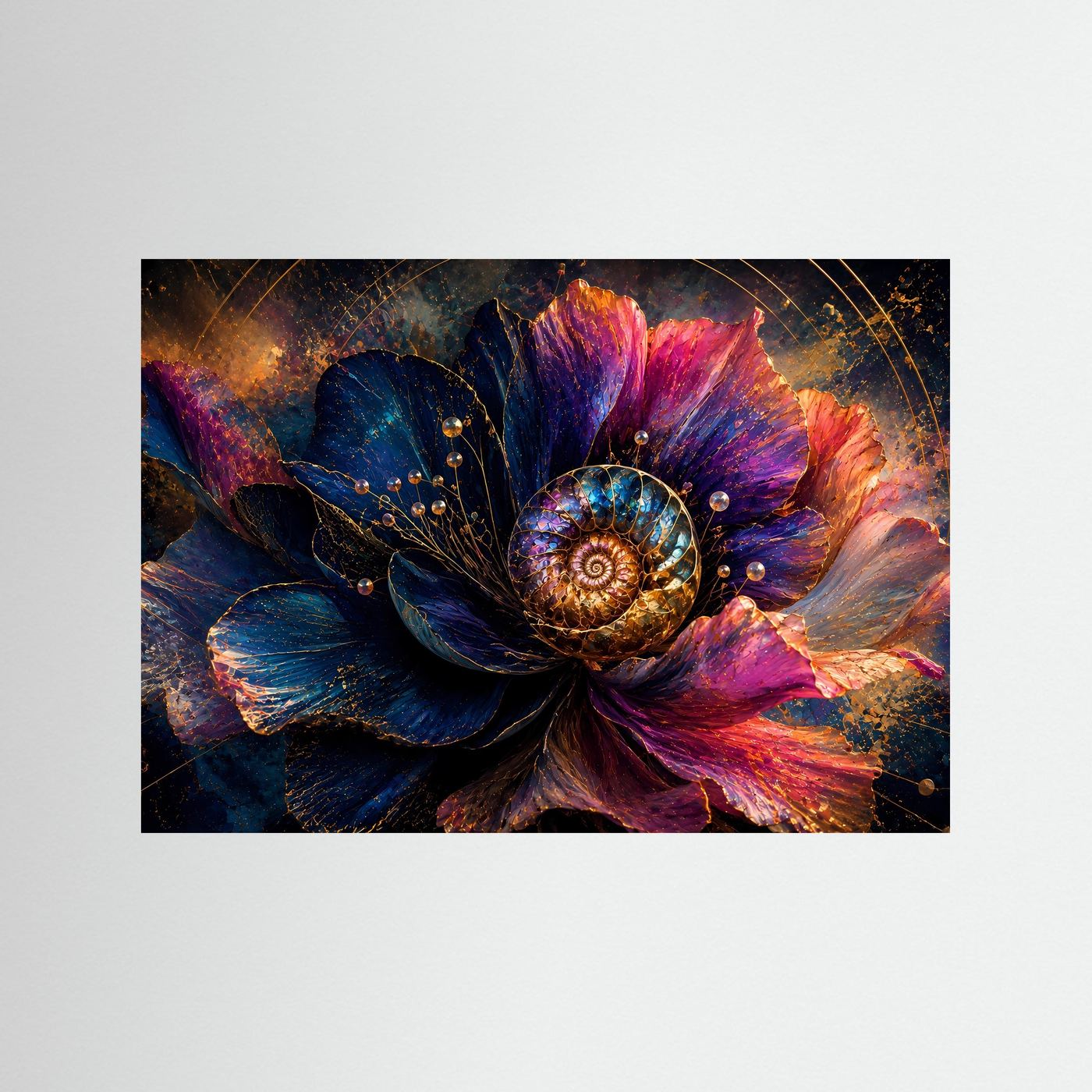 Abstrakte Blume mit Ammonit Wandbild | Luxuriöse Floral Fossil Kunst | Blau Pink Gold Modernes Poster | Elegante Botanical Wall Art | Leinwand