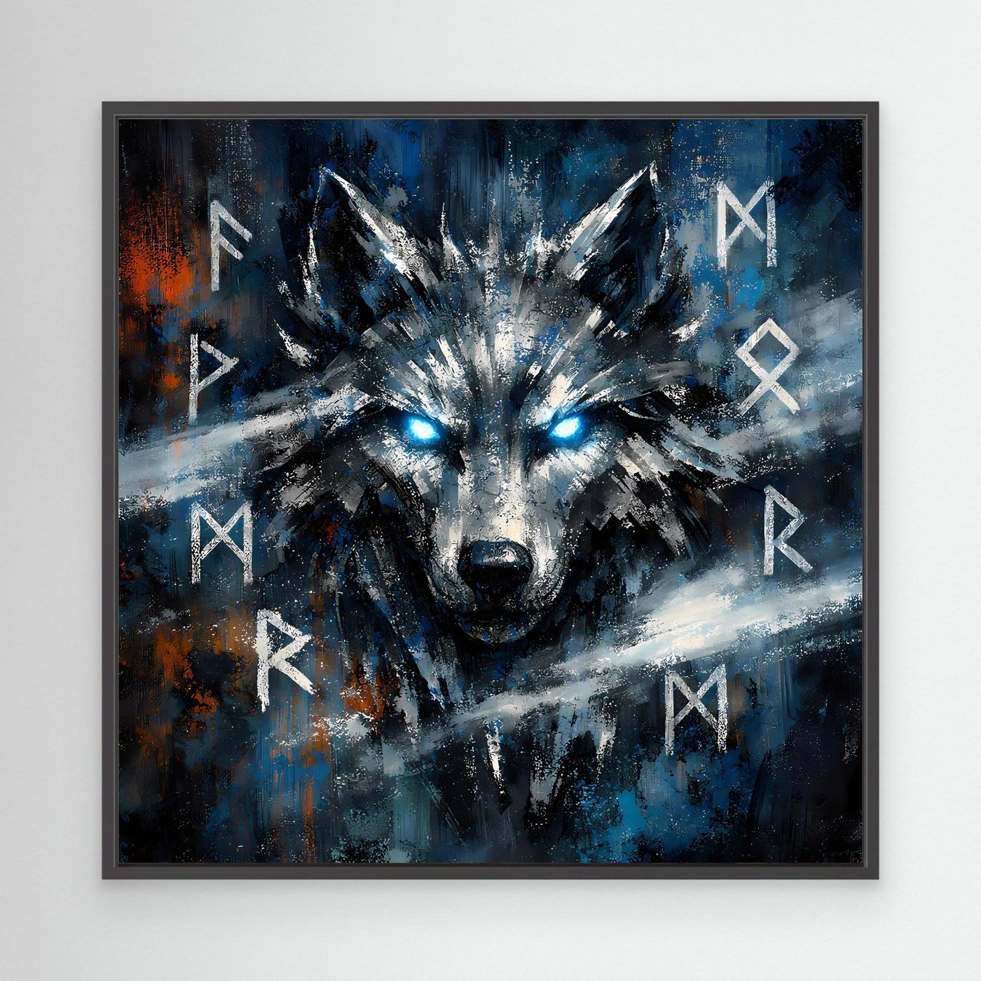 Wandbild auf Leinwand mit Fenrir-Wolfkopf, leuchtenden Augen und Runen-Zeichen; schwarzer Rahmen