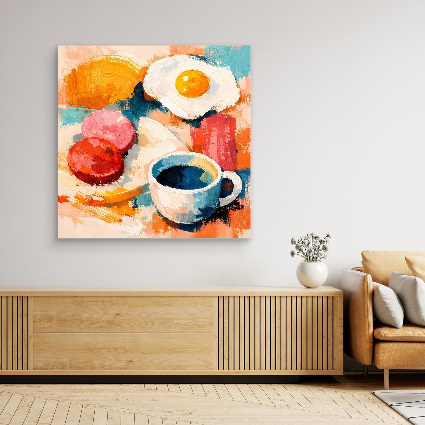 Abstraktes Wandbild aus Leinwand mit Spiegelei und Kaffeetasse, gerahmt in dunklem Rahmen