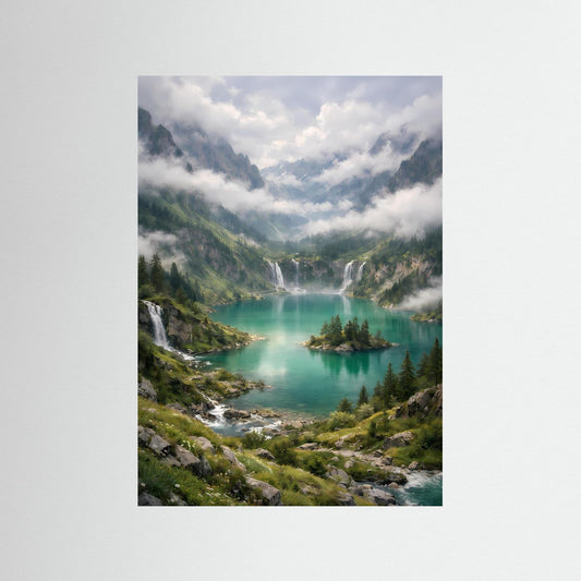 Hochformatiges Poster mit türkisgrünem Bergsee und Wasserfall in den Alpen