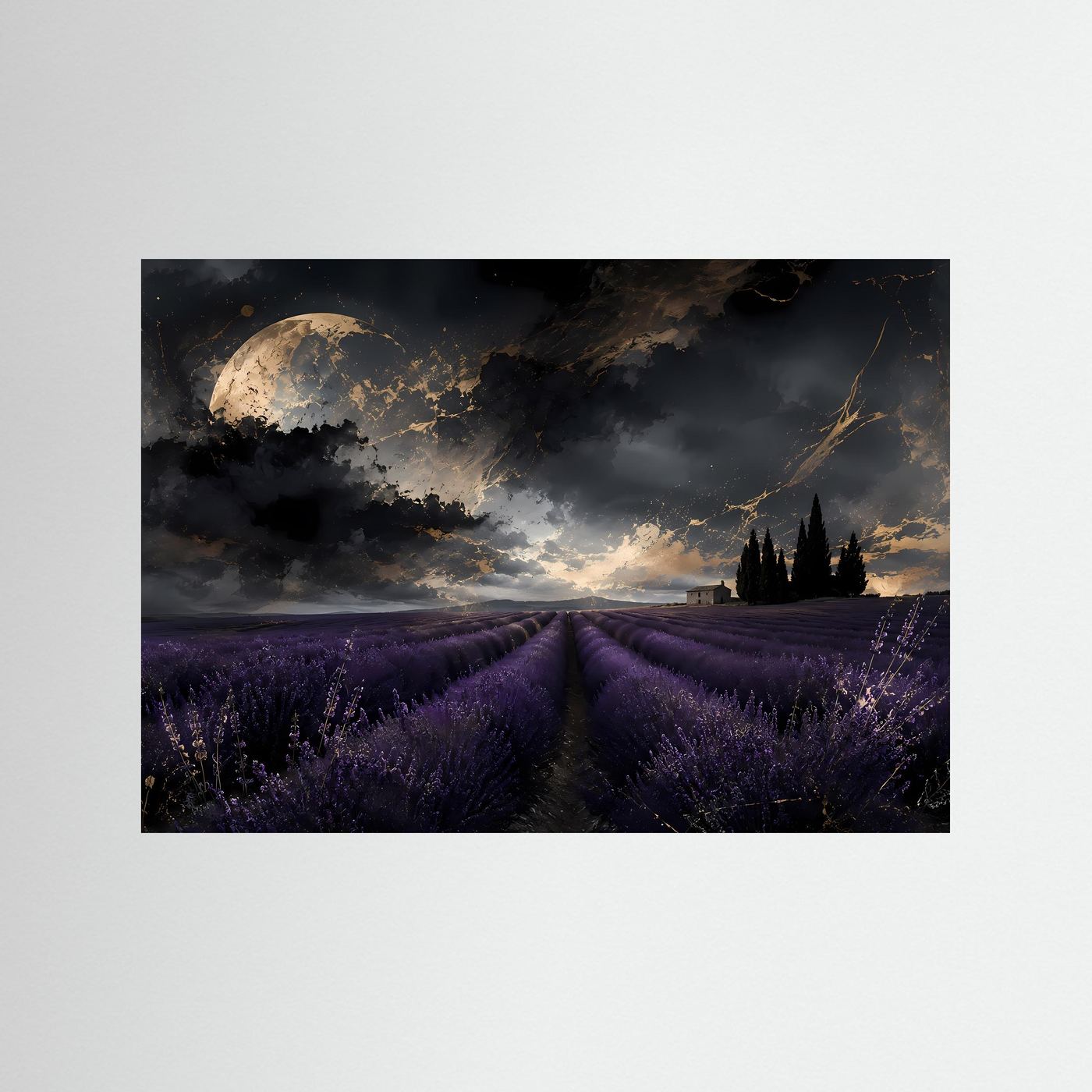 Nächtliches Lavendelfeld in der Provence | Mystisches Poster mit Mond & Gold | Wandbild Querformat