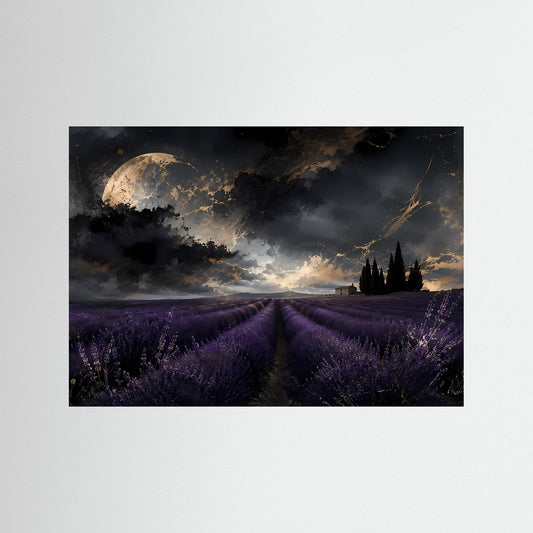 Wandposter mit Mond über lila Lavendelfeld, goldenen Wolken und Zypressen-Silhouette.