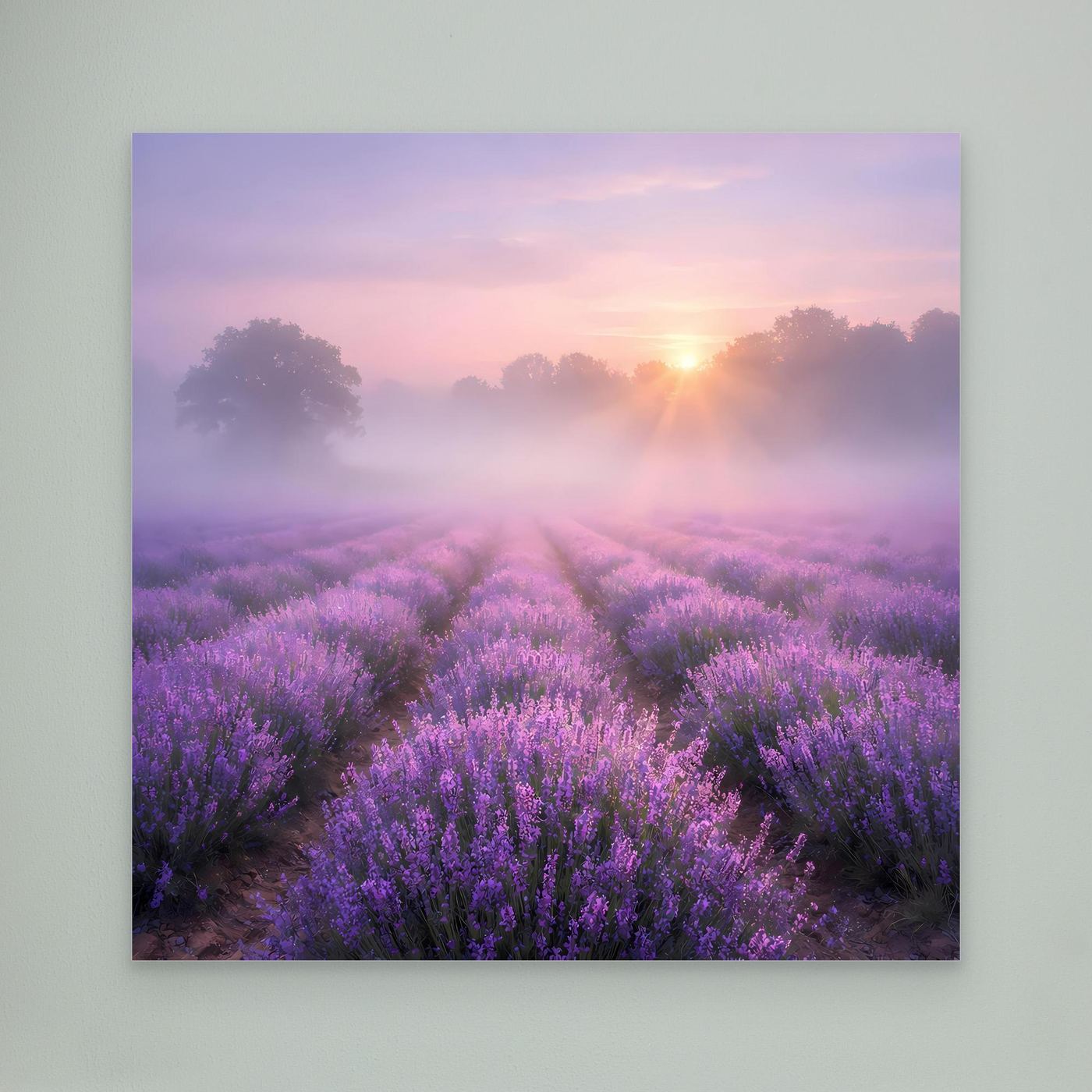 Rechteckiges Leinwandbild mit Lavendelfeld im Nebel und Sonnenaufgang, ohne sichtbaren Rahmen