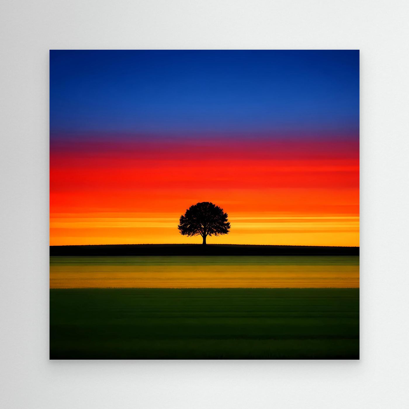 Leinwandbild: minimalistischer Sonnenuntergang mit Baum-Silhouette, rahmenlos
