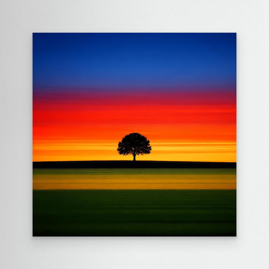 Leinwandbild: minimalistischer Sonnenuntergang mit Baum-Silhouette, rahmenlos