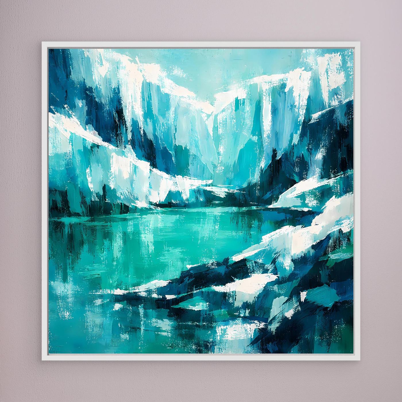 Leinwand-Wandbild mit abstrakten Eisbergen im Ozean, weißer Rahmen
