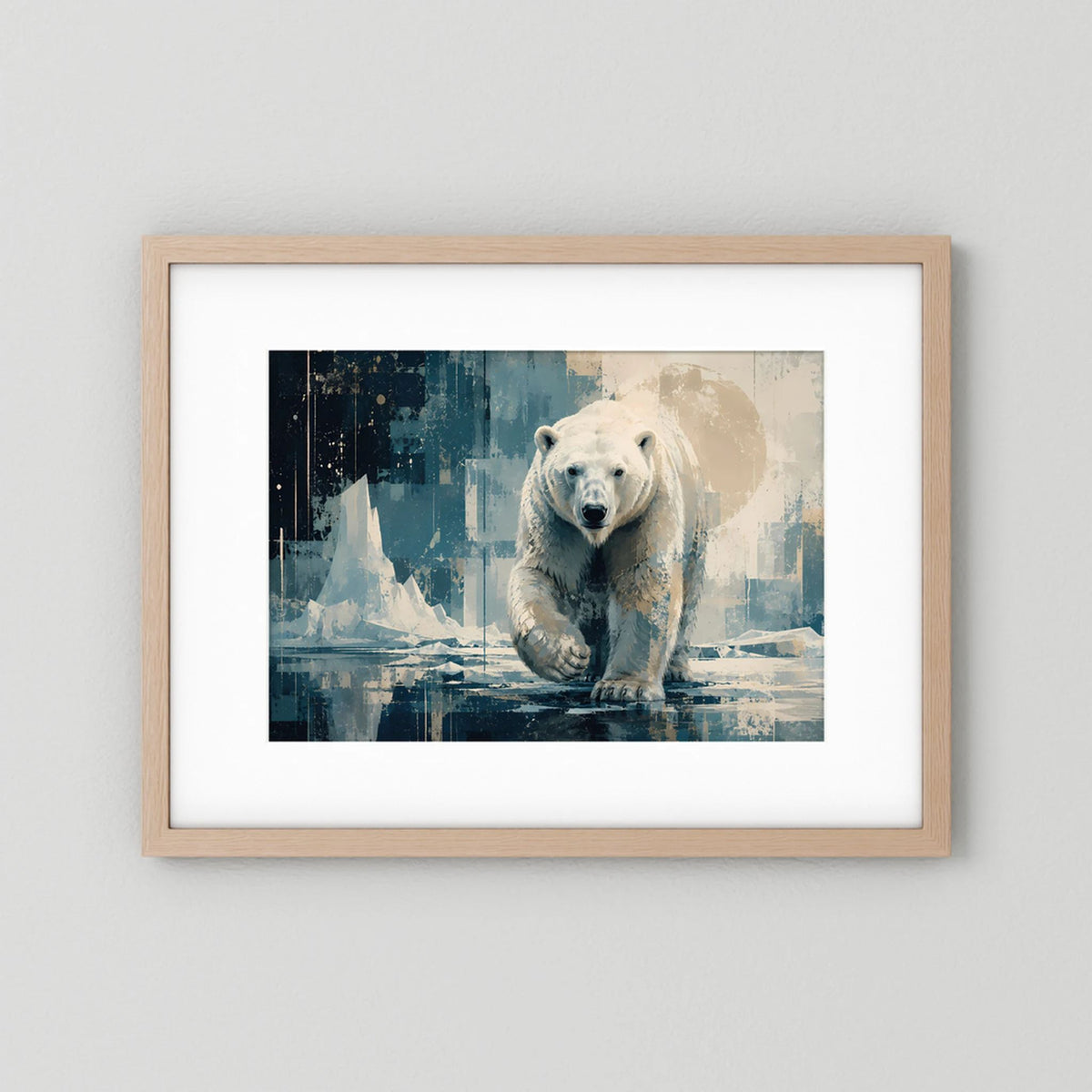 Poster im Querformat mit Eisbär-Motiv, heller Holzrahmen