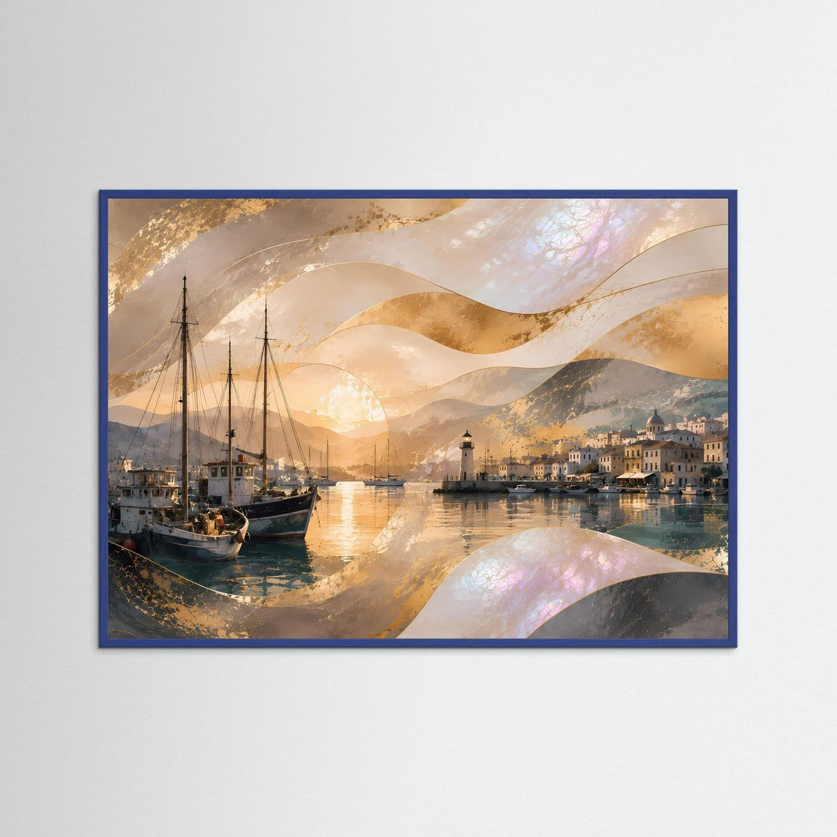 Hafen-Poster im Querformat in blauem Rahmen: Segelboote, Hafen und Leuchtturm bei Goldlicht.