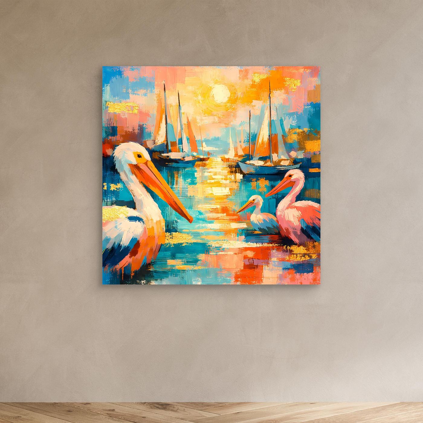 Leinwandbild mit bunten Pelikanen am Hafen und Segelbooten, ungerahmt
