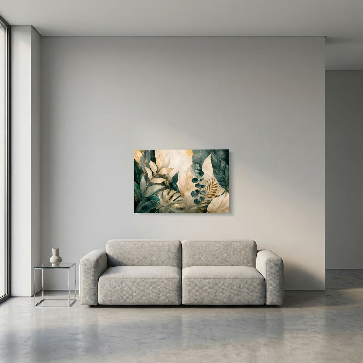 Kleines gerahmtes Querformat-Poster mit Blätterabstraktion in Grün, Creme und Gold