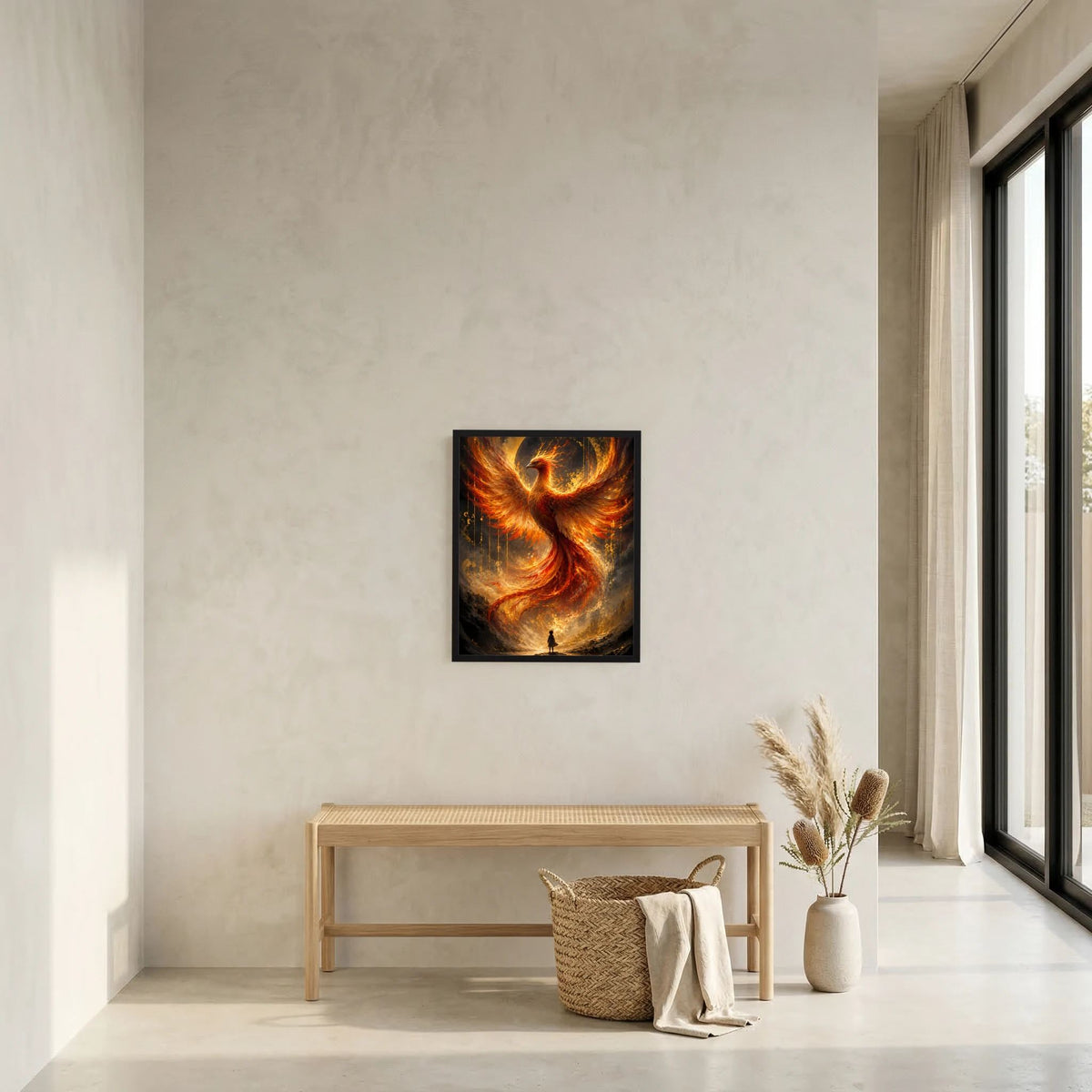 Gerahmtes Poster im Hochformat mit Phönix aus Feuer in Gold und Orange